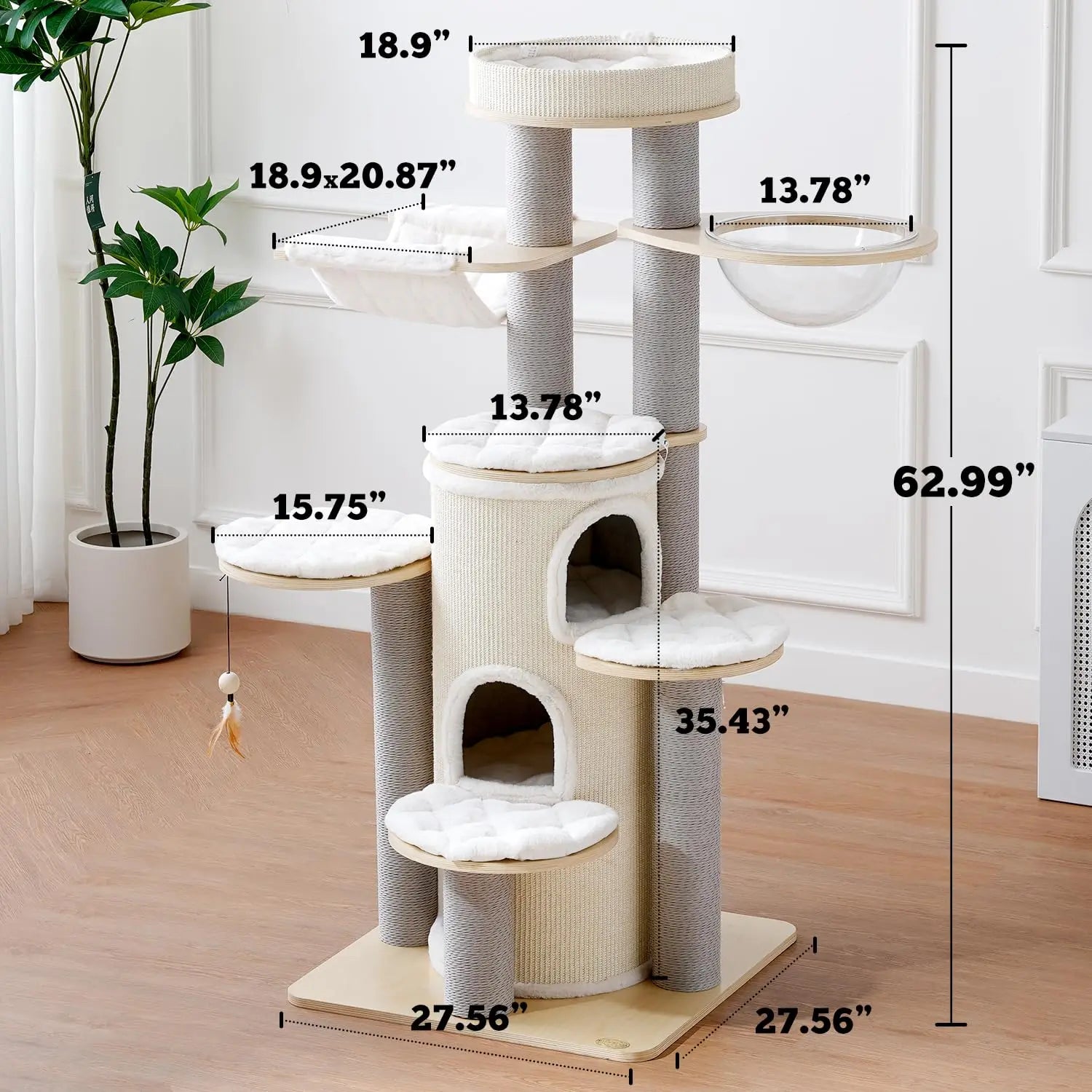 63 Inches Castle for Indoor Cats, Tall Wood Cat Tree with Hanging Toys, Solid Tower with Scratching Post, Cat, Customized