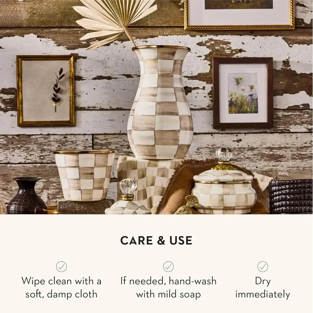 Elegant Steel Checkered Flower Vase, Brown and White Mocha Pattern, 6x6x12 Inches