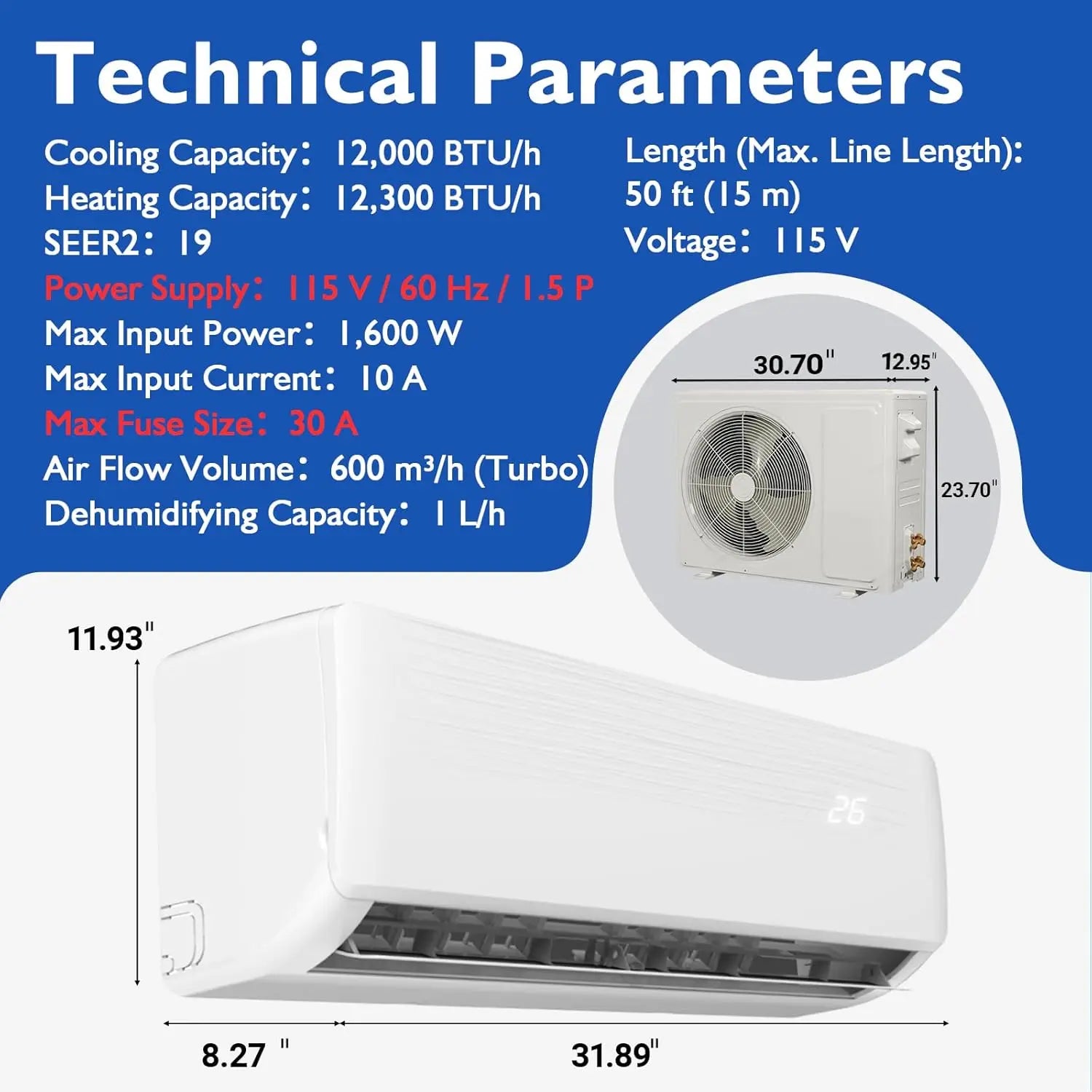12000 BTU Mini Split AC w/WiFi Work Alexa 19 SEER2 Cools Up to 750 Sq. Ft,Ductless Inverter Mini Split System w/1 Ton Heat Pump