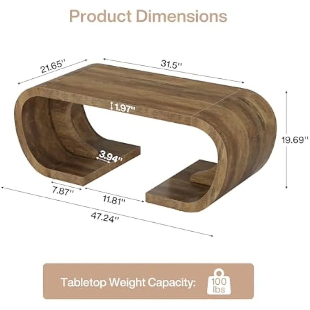 Farmhouse Coffee Table, 47" Heavy Duty C-Shaped Center Table with Curved Base, Large Tea Table for Living Room, Entertainment R