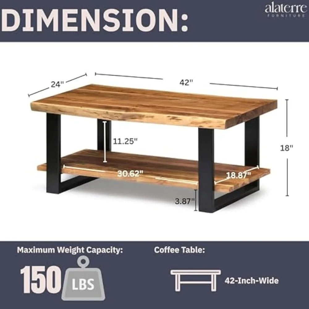 Rustic Industrial Style 42 Live Edge Acacia Wood Coffee Table with Lower Shelf Storage
