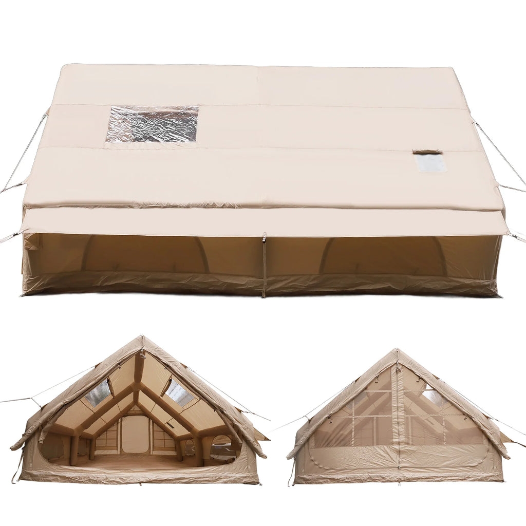 Inflatable Camping Tents with Mesh Windows & Pump 4 Season Big House 130 Square Feets with Stove Jack for Outdoor Hiking Camping