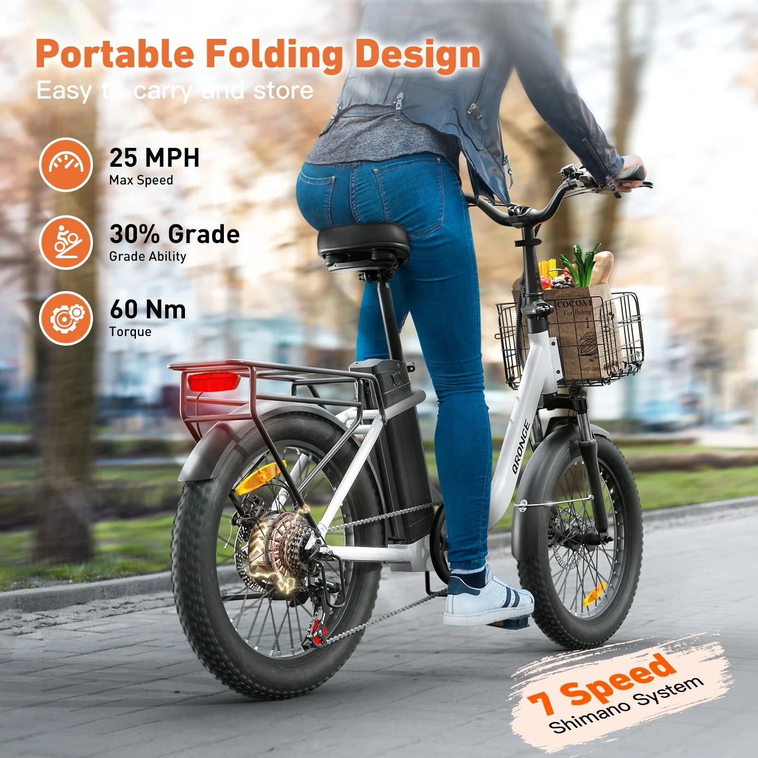 QRONGE Mirage Electric Bike 1000W Peak Folding E-bike 486Wh 70 Miles Range 7 Speed 25 MPH Max Electric Bicycle With Front Basket