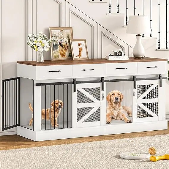 Large Dog Crate Furniture for 2 Dogs, 71 Dog Kennel Indoor with Removable Divider and 4 Storage Drawers, Sturdy Wooden