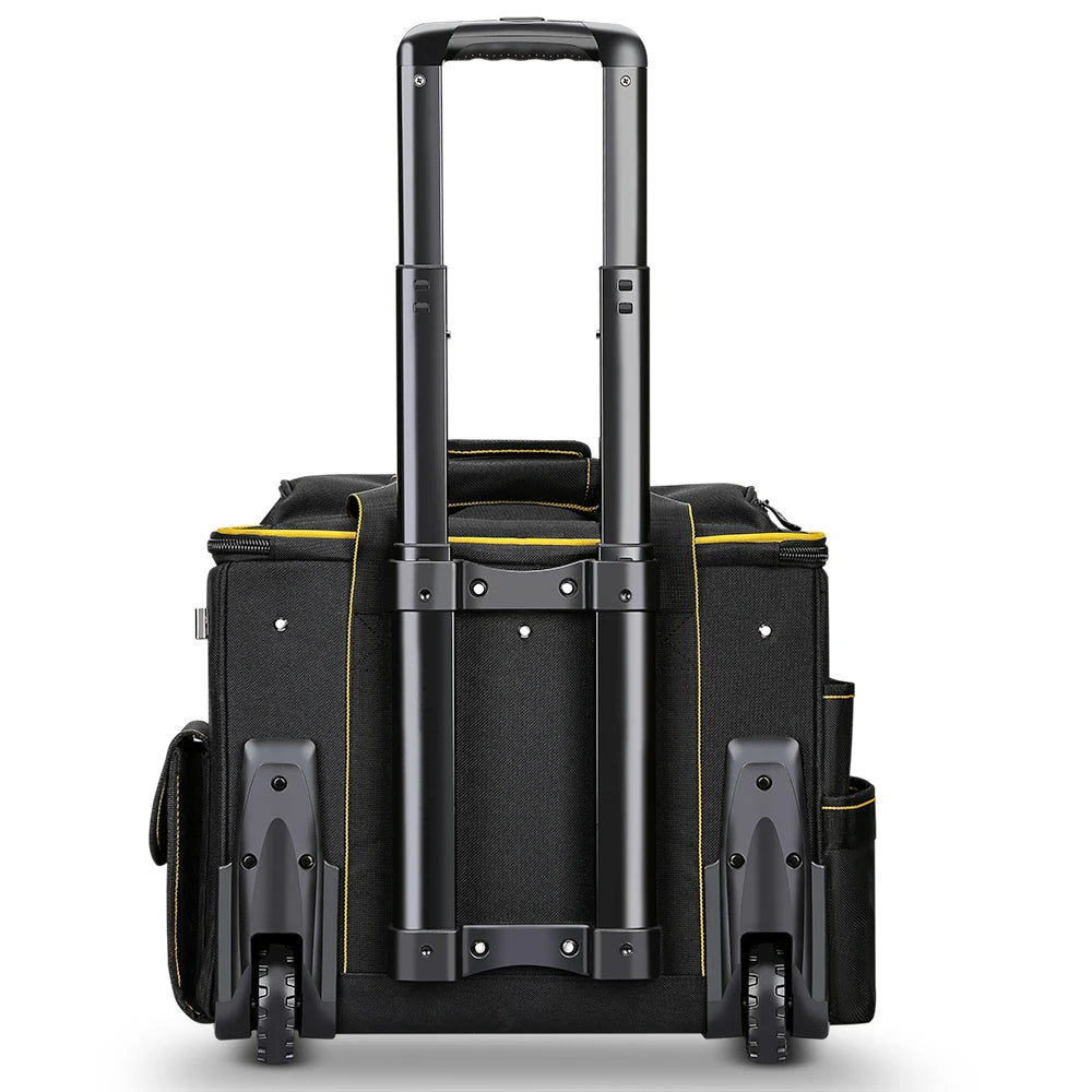 WINNHUNT 18inch Wide Mouth Rolling Tool Bag, 32 Pocket Tool Trolley Bag with Telescopic Handle and 2 Wheels, Black