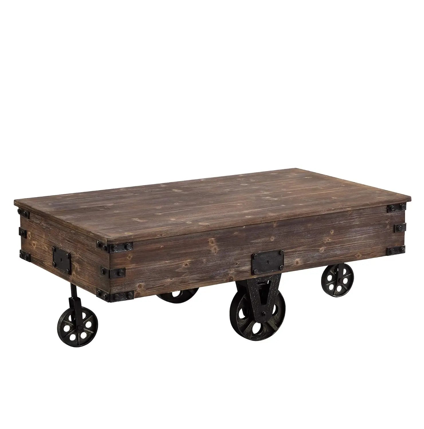 Factory Cart Coffee Table, Vintage Center Table With Wheels For Living Room, Rectangular, Wood, Farmhouse, 47.25 Inc