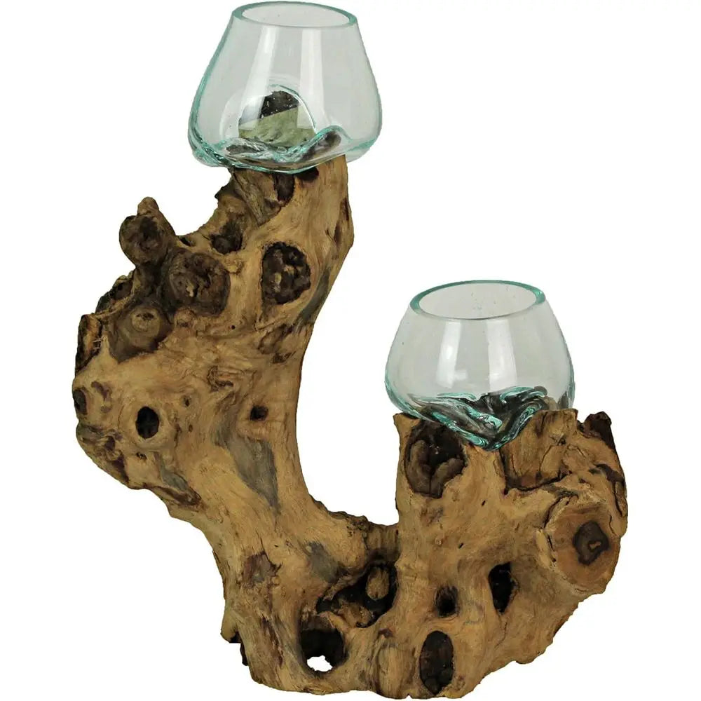 Glass On Root Wood Double Decorative Bowl Vase Plant Terrarium - Boho Style for Tabletops