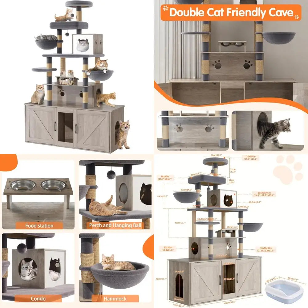 "two-tier cat tree with dual litter box huts, comprehensive cat tower, feline condo featuring sisal scratching posts, hanging be