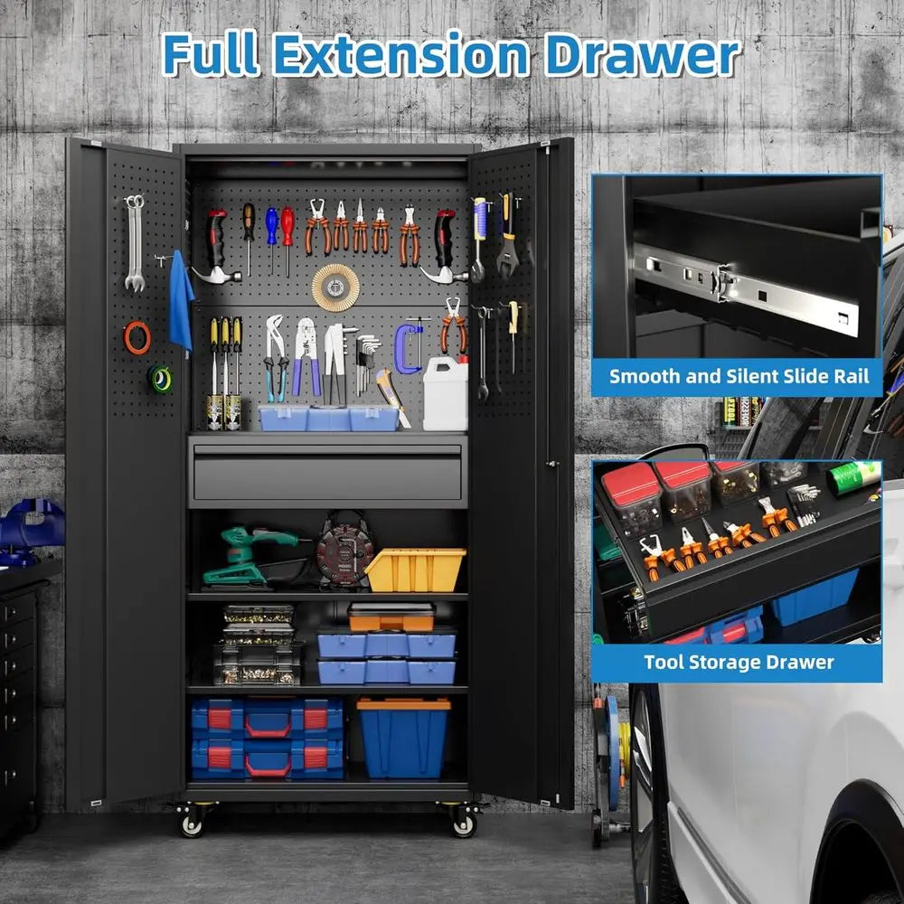 71 Metal Garage Storage Cabinet with 16 Hooks, Pegboards, and Adjustable Shelves, 1 Rolling Tool Cabinet for Garage or Warehouse