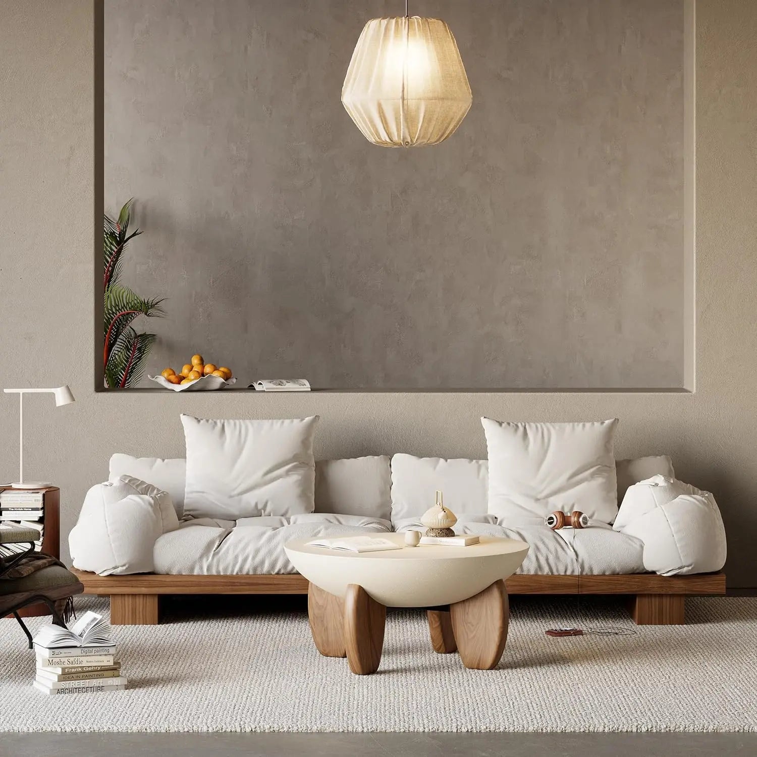 Round Concrete Coffee Table with Premium Walnut Ash Wood Legs, Modern Minimalist Cement Finish Center Table for, Customized