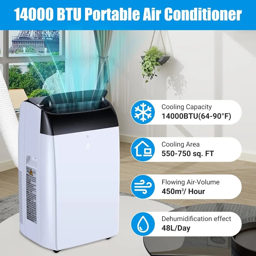 14000 BTU portable air conditioner with cooling capacity of up to 750 square feet, 3-in-1 silent portable air conditioning unit