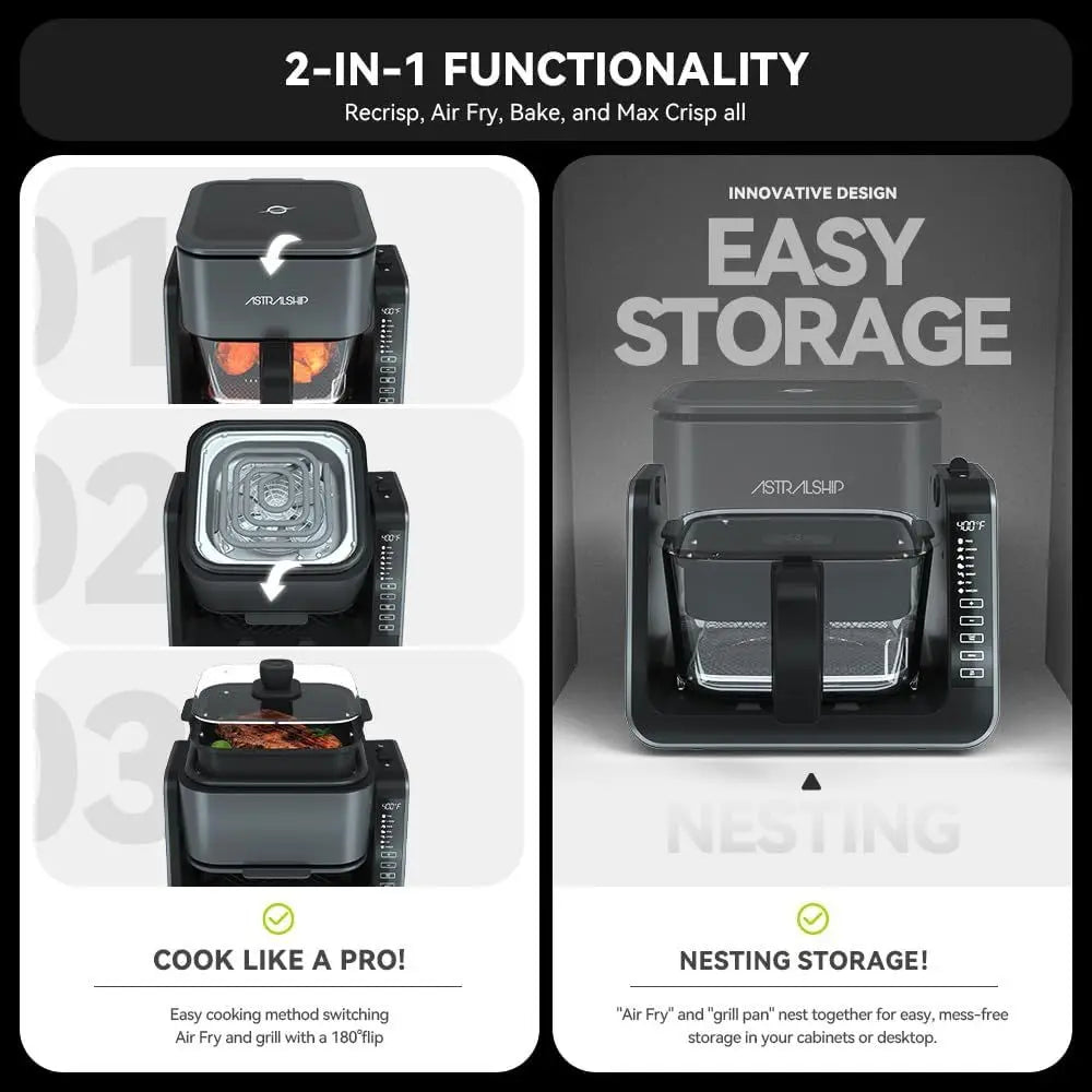 Glass Air Fryer & Grill Combo, Non-Toxic Rice, 360° Visible Cooking, 7 Presets, Compact for 1-2 People, 5.5QT Capacity, Dishwash