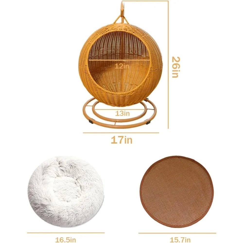 Handwoven Hanging Cat Hammock with Removable Cushion for Patio, Outdoor Pet Cat Bedding, Hanging Kitten Bed Green