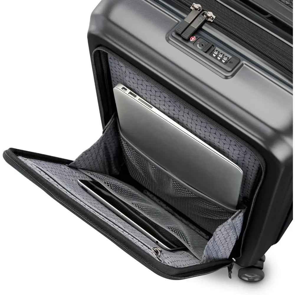 Front Pocket Expandable 21-Inch Hardside Luggage: Durable Impact Resistant with 360° Spinning Wheels for Travel