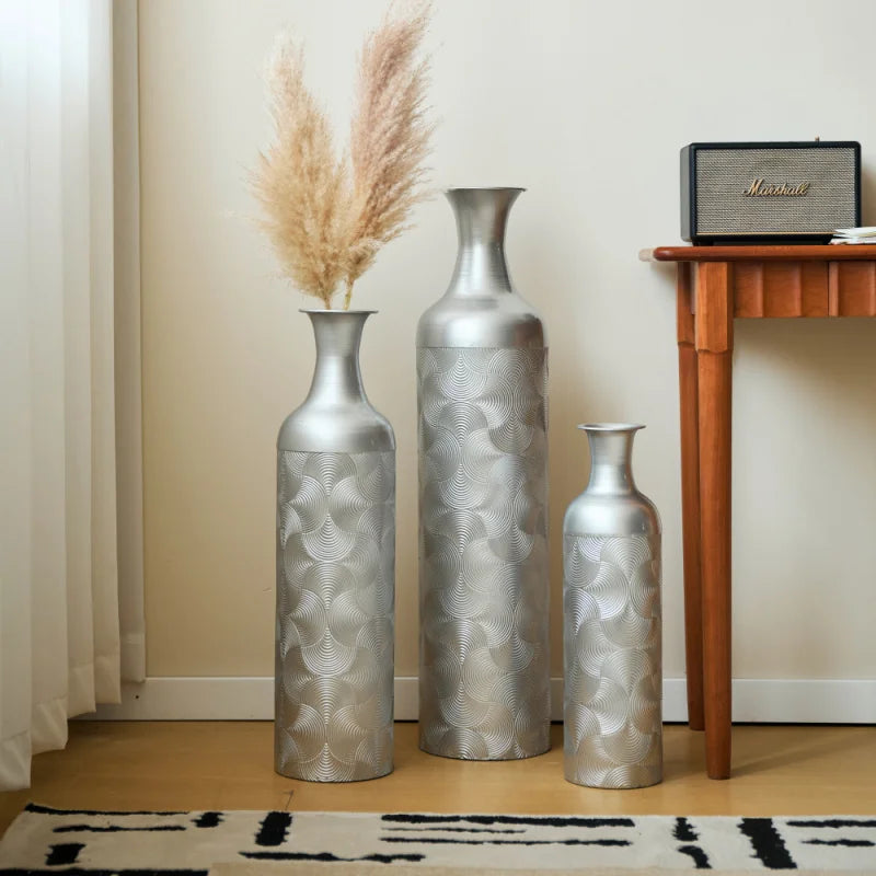 Large Size Modern Set Of 3 Silver Metal Floor Vases Tall Cylinder Wave Pattern Home Decor For Living Room Shipping From The USA