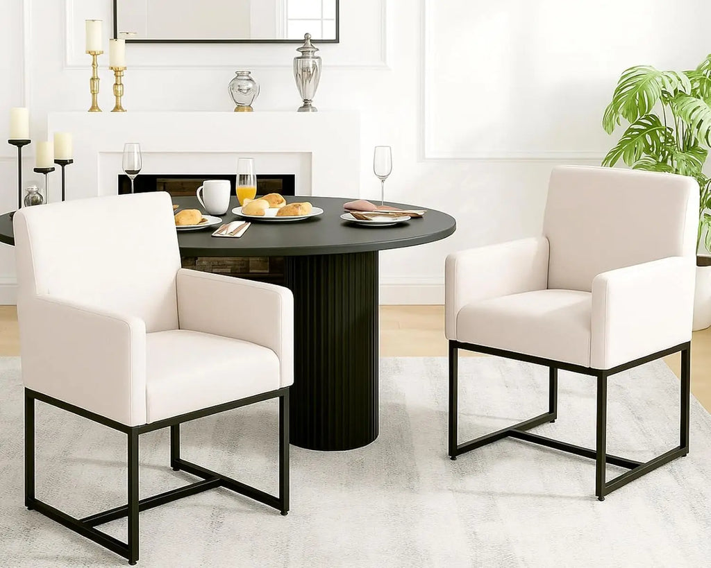 Mid Century Modern Upholstered Dining Chairs with Arms Set of 2, Linen Accent Black Finish Metal Frame, 19'' Wide Arm for Living