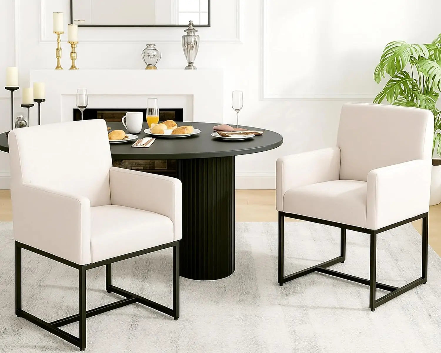 Mid Century Modern Upholstered Dining Chairs with Arms Set of 2, Linen Accent Black Finish Metal Frame, 19'' Wide Arm for Living