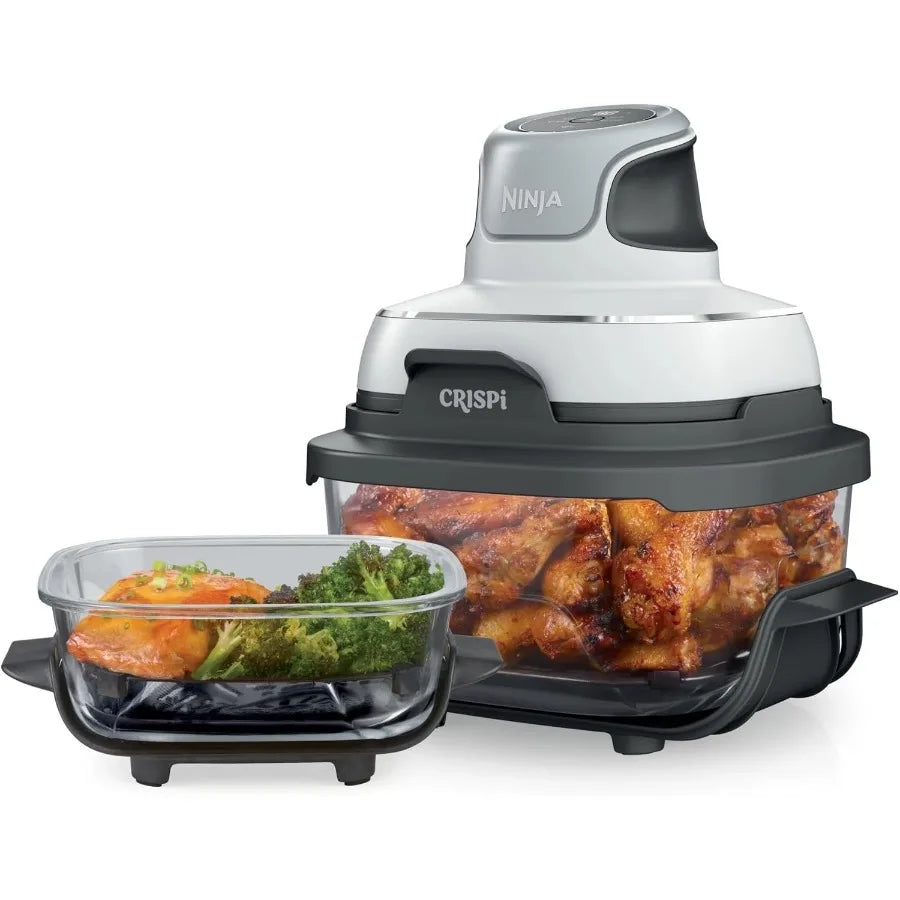 FN100WH Crispi Air Fryer Microwave Freezer Dishwasher Safe Non Toxic Glass Portable Cooking System with 4 QT 5 Cup Glass Contai