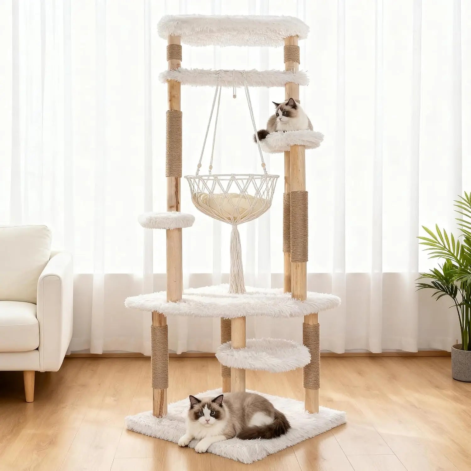 Modern Multi-Level Cat Tree Tower for Indoor Cats, 70" Tall Natural Solid Wooden Cat Tower with Sisal Scratching, Customized