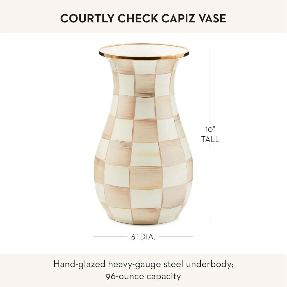 Elegant Steel Checkered Flower Vase, Brown and White Mocha Pattern, 6x6x12 Inches