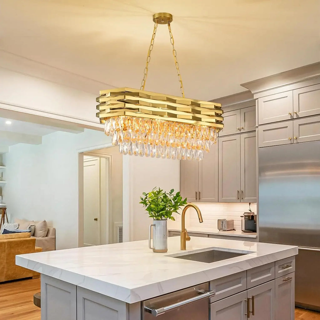 Modern Gold Crystal Chandelier,Oval Semi-Flush Mount Linear 3-Tier K9 Crystal Chandelier- dining room/kitchen island/living room