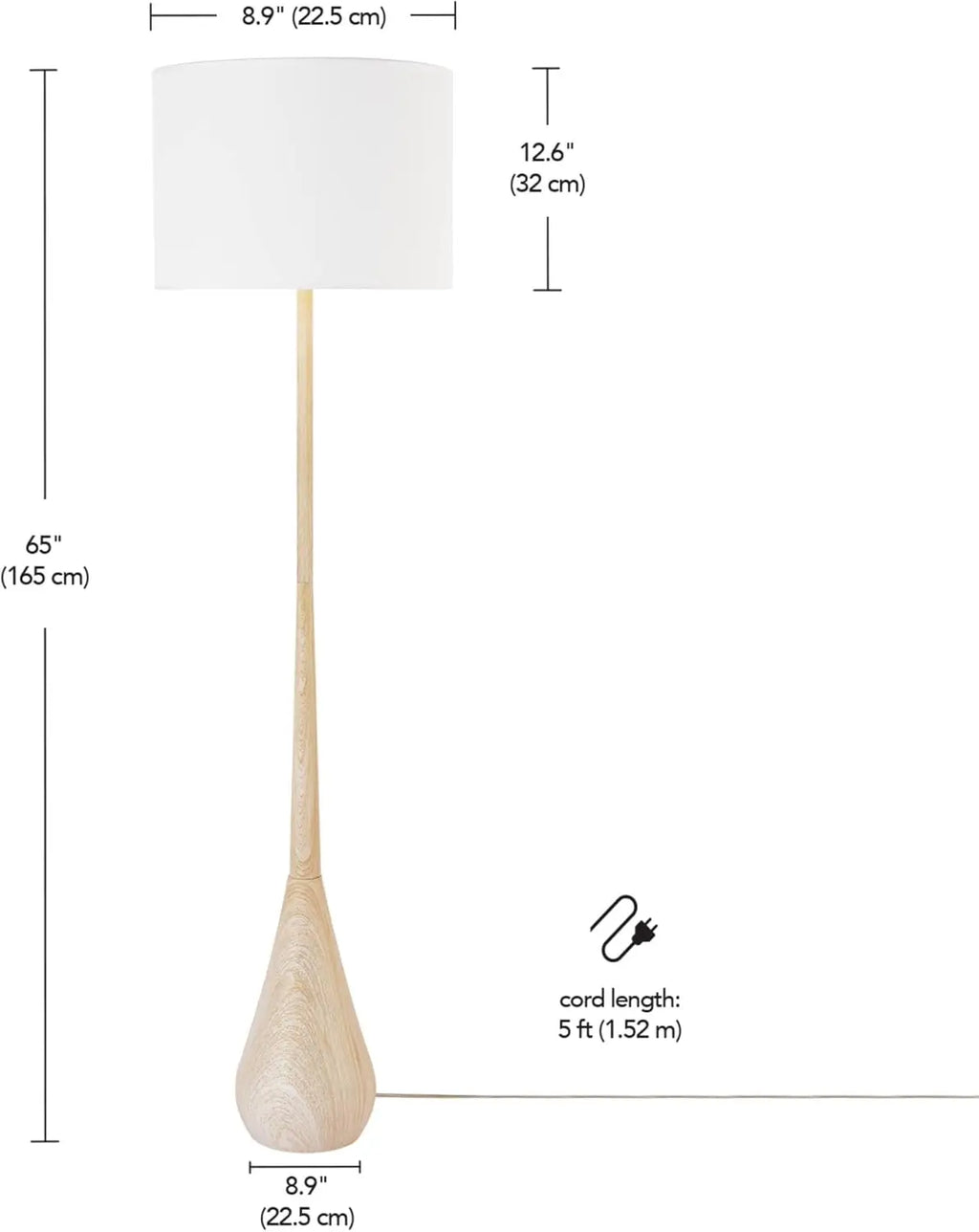 65" Japandi Floor Lamp with Wood-Toned Finish, White Cotton Shade, E26 Base, On/Off Switch, 5-Ft Cord