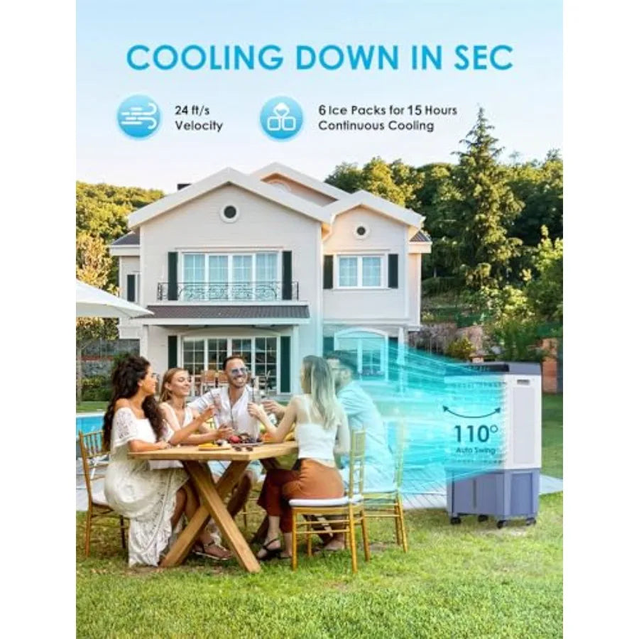 1800 CFM Evaporative Air Cooler with 6 Ice Boxes and 5.3 Gallon Water Tank for Outdoor Bedroom and Office Use 110 Auto Swing 3