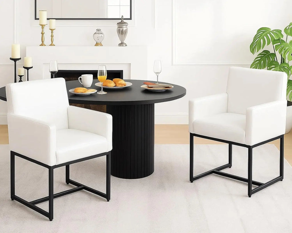 Mid Century Modern Upholstered Dining Chairs with Arms Set of 2, Linen Accent Black Finish Metal Frame, 19'' Wide Arm for Living