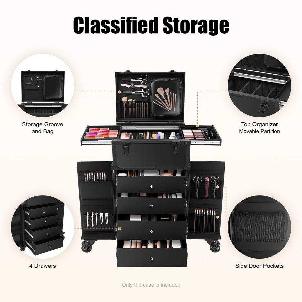 31.15inch Professional Rolling Makeup Case 4 Drawers Pro Makeup Artist Cosmetic Train Case Makeup Organizer Travel Case