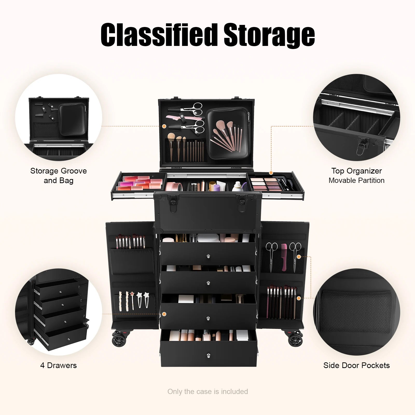 31.15inch Professional Rolling Makeup Case 4 Drawers Pro Makeup Artist Cosmetic Train Case Makeup Organizer Travel Case