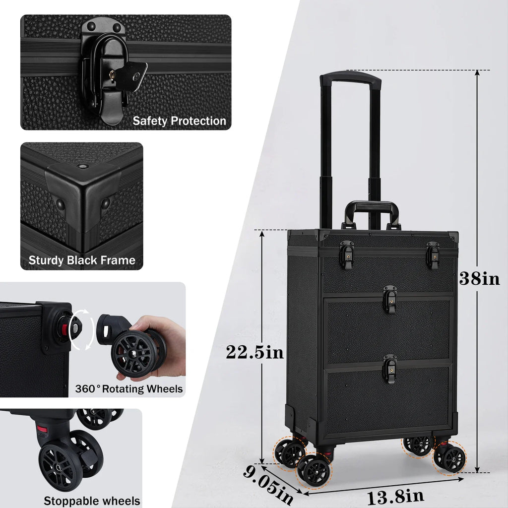 Professional 3 in 1 Rolling Makeup Case on Wheels 2 Large Drawer Nail Trolley Traveling Cosmetic Train Case with Makeup Pouch