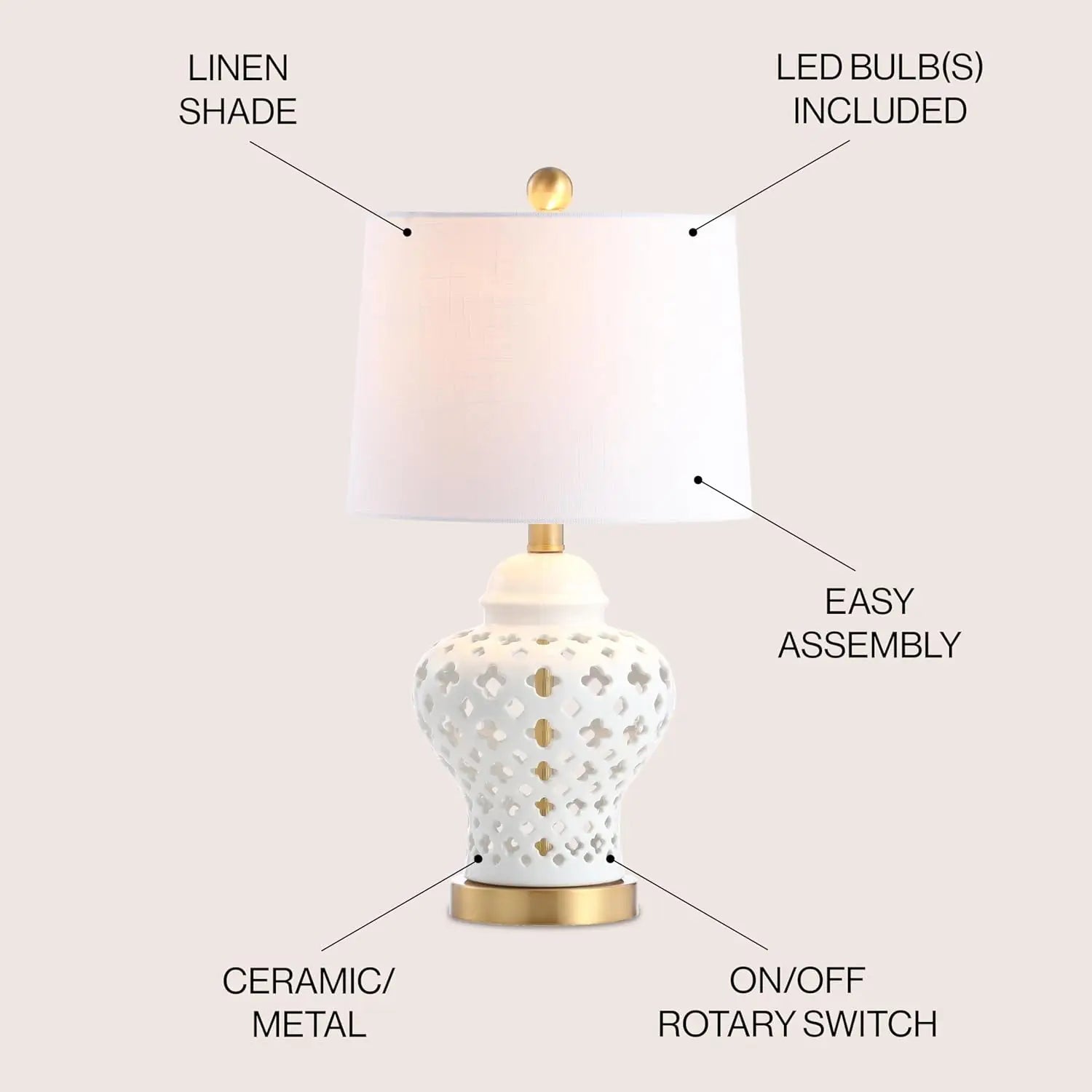 White Porcelain LED Table Lamp with Quatrefoil Design, 20.5" Height for Bedroom Desk Nightstand