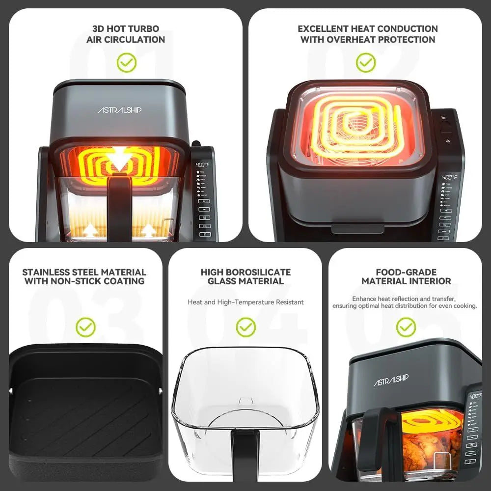 Glass Air Fryer & Grill Combo, Non-Toxic Rice, 360° Visible Cooking, 7 Presets, Compact for 1-2 People, 5.5QT Capacity, Dishwash