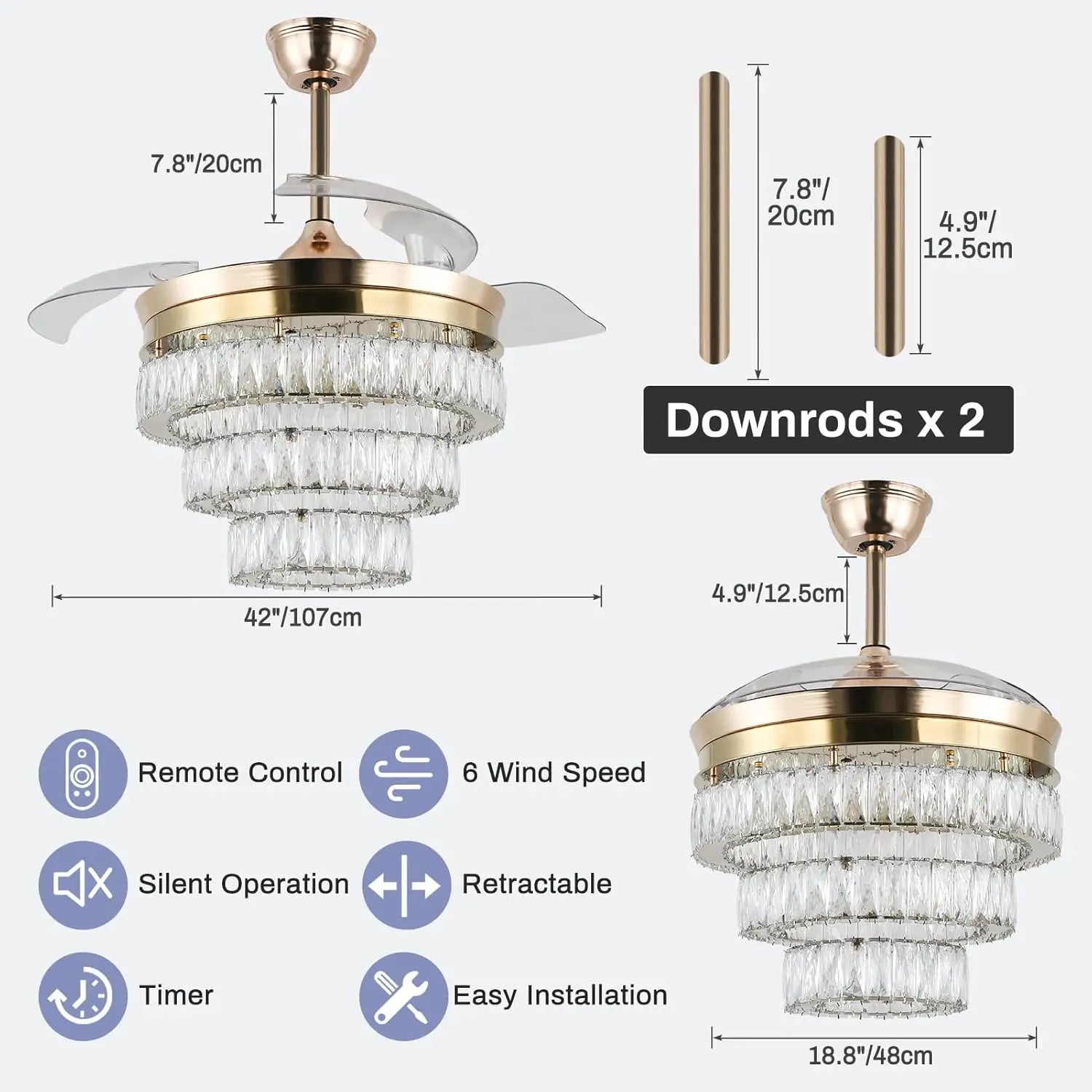 42'' Dimmable Chandeliers Fan, Crystal Ceiling Fan with Lights with APP & Remote Control, Gold Fandelier Ceiling Fan, 3 Color Ch