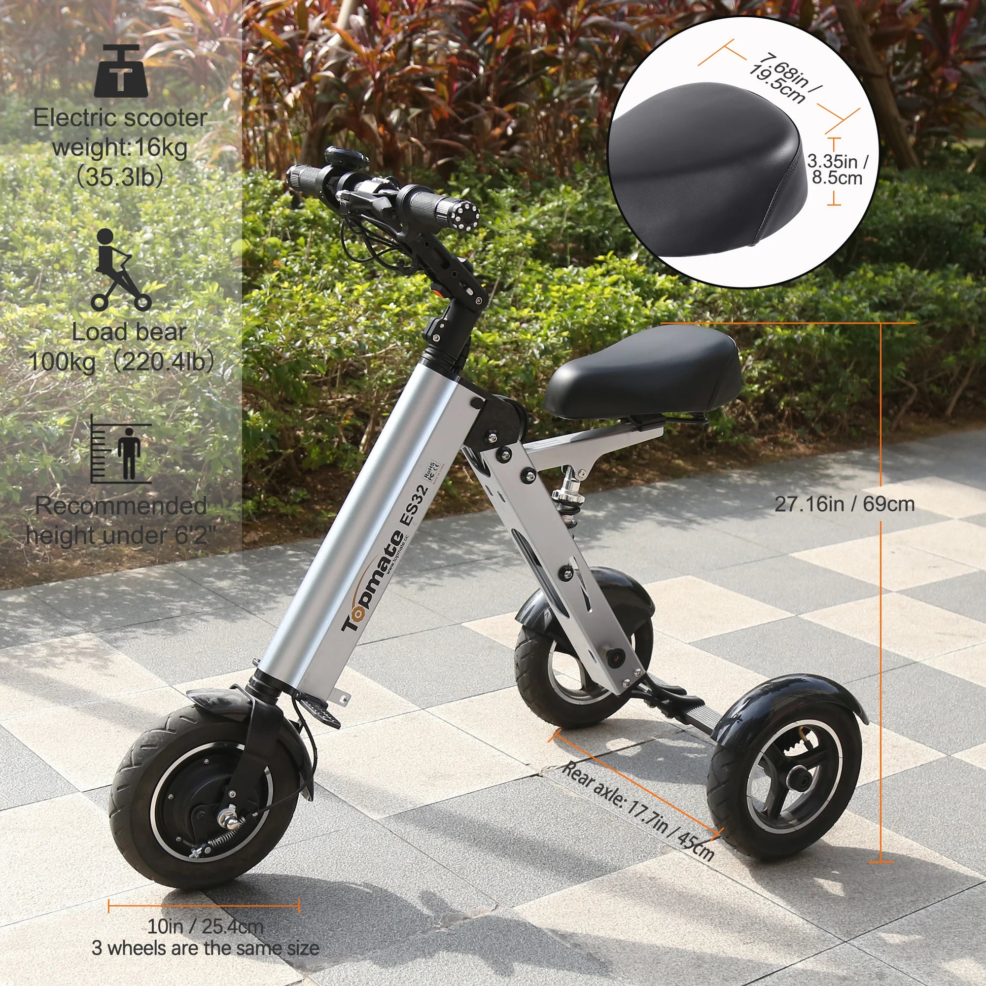 TopMate ES32 Folding Mobility Scooter with Reverse Function E-Tricycle for Adult and Senior, up to 15Mph & 20 Miles 3 Wheel