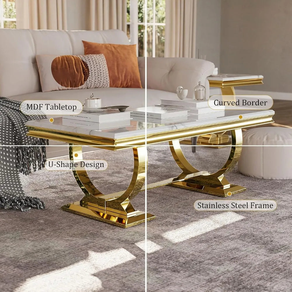 Gold Coffee Table, White and Gold Rectangle Living Room Tea Table, for Living Room, Elegant Coffee Table