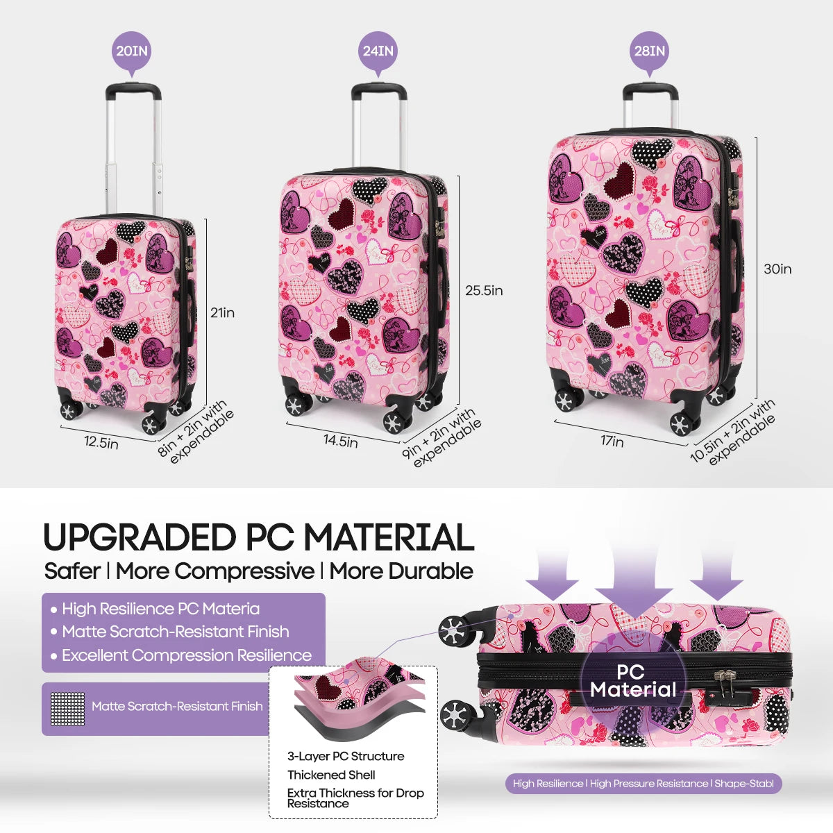 3 Piece Luggage Set Hardshell Expandable Suitcase with Spinner Wheels &TSA Lock Print Lightweight Travel Suitcase Set-20"/24"/28