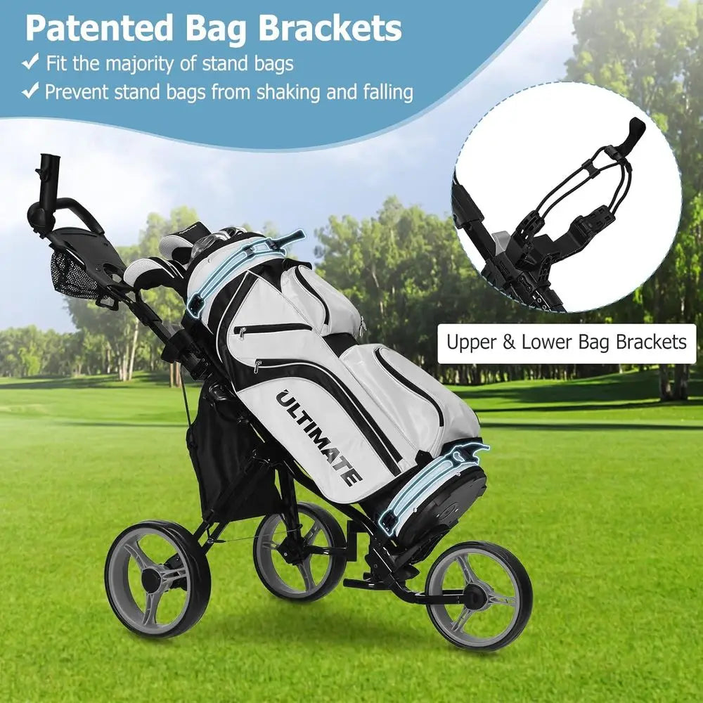 Lightweight Foldable 3-Wheel Golf Trolley with Seat, Push/Pull Cart, Foot Brake, Adjustable Umbrella Holder, 4 Height Positions