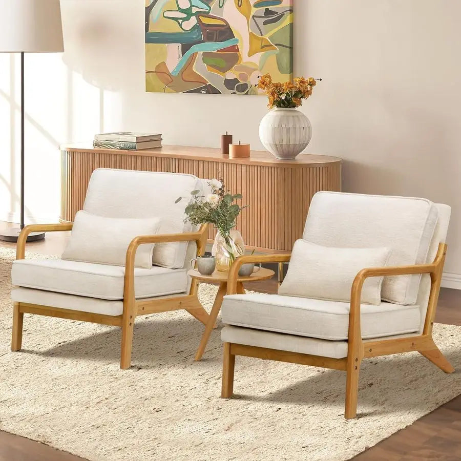Accent Chair Set of 2 with Solid Wood Frame, Reading Relaxing Armchair Lumbar Pillowamp Soft Cushion, Leisure Chair for Living R