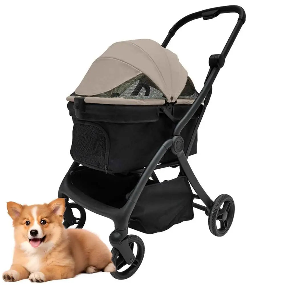 All-Terrain Pet Stroller for Dogs & Cats, 4-Wheel, with Storage and Safety Belts, Khaki