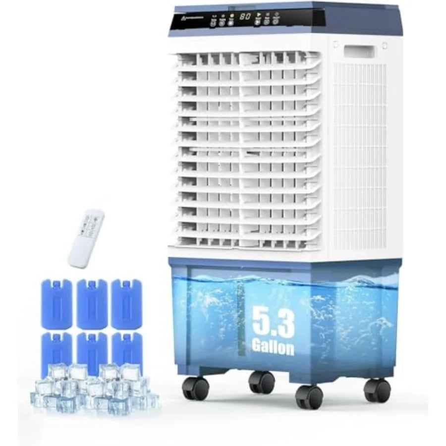 1800 CFM Evaporative Air Cooler with 6 Ice Boxes and 5.3 Gallon Water Tank for Outdoor Bedroom and Office Use 110 Auto Swing 3
