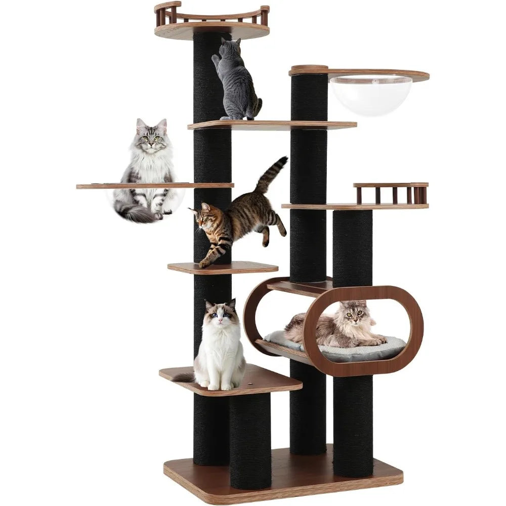 71'' Modern Black Cat Tree for Indoor, Tall Solid Wood Cat Tower for Home Decoration, Multi-Level Cat Tower with Transparent Bed