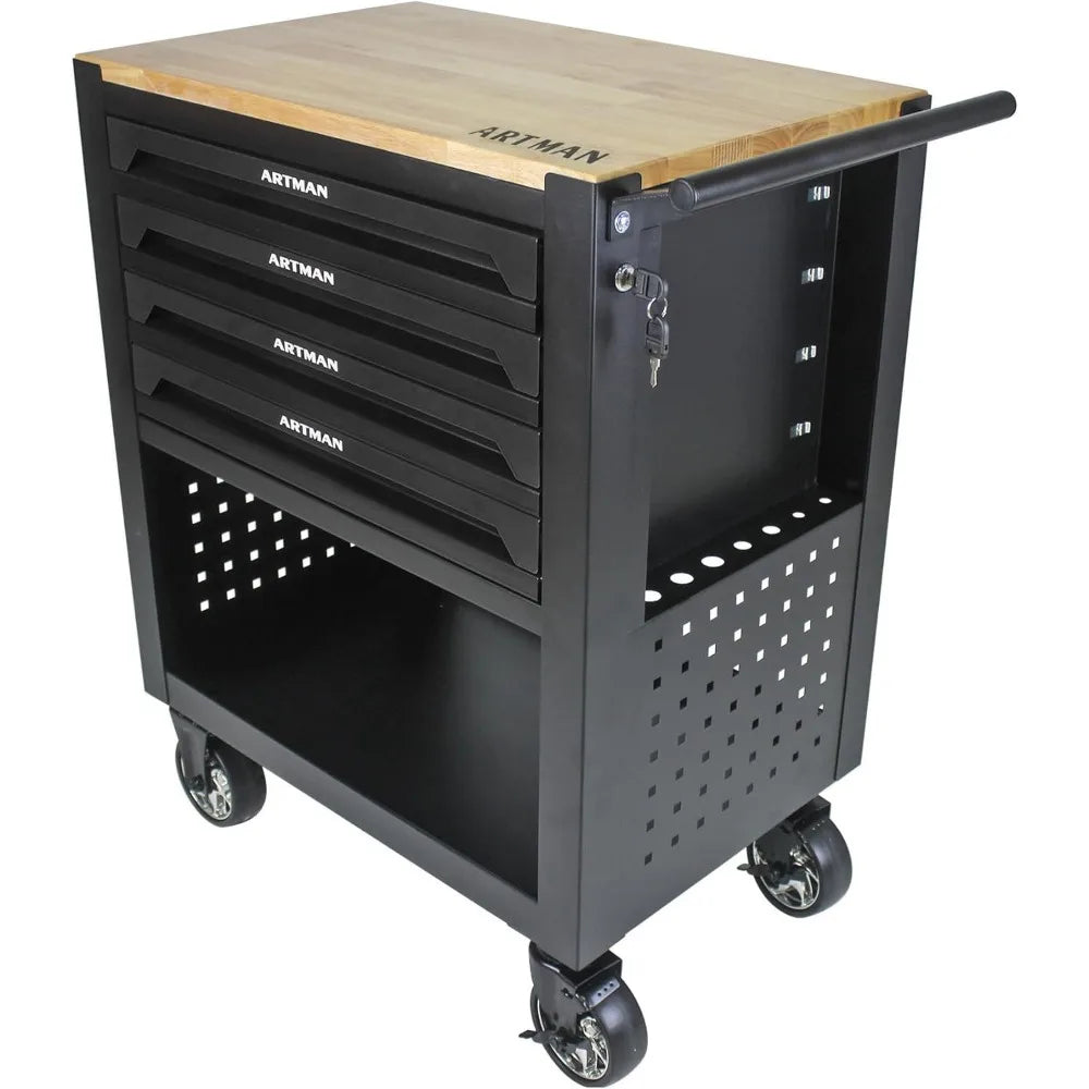 36" Tool Box with Wheels 4 Drawers Rolling Tool Cart, Wooden Top Workbench, 660lbs Total load Tool Cabinet with Locked Drawers S
