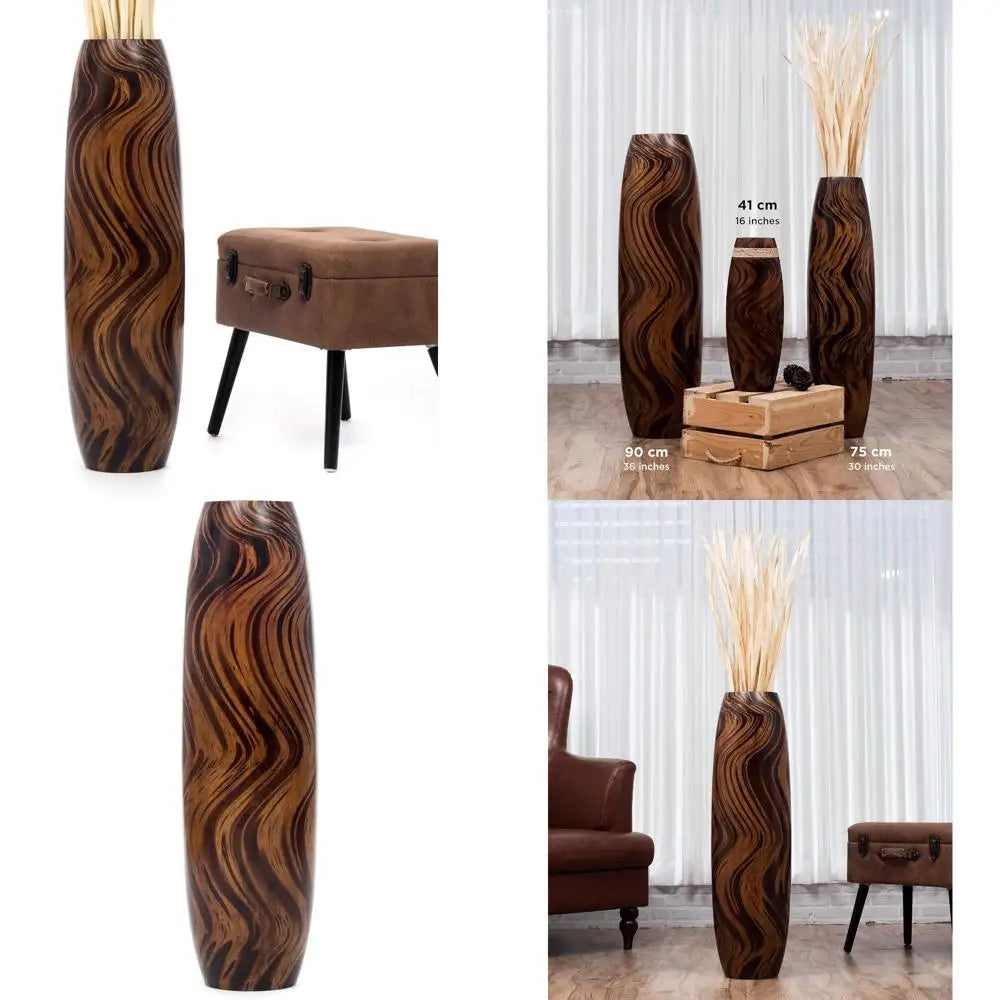 Large Brown Wooden Floor Vase - 34 Inch Tall for Home Decor, Farmhouse Style, Ideal for Fake Plants and Pampas Grass