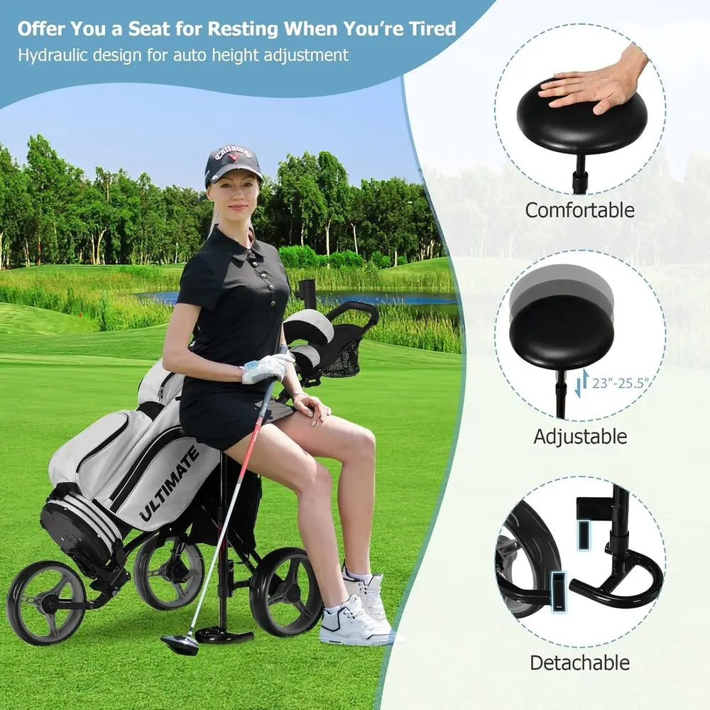 Lightweight Foldable 3-Wheel Golf Trolley with Seat, Push/Pull Cart, Foot Brake, Adjustable Umbrella Holder, 4 Height Positions