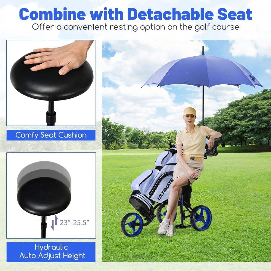 Lightweight 3-Wheel Golf Push Cart with Adjustable Seat and Handle Umbrella Holder Foot Brake Foldable Design for Easy Storage