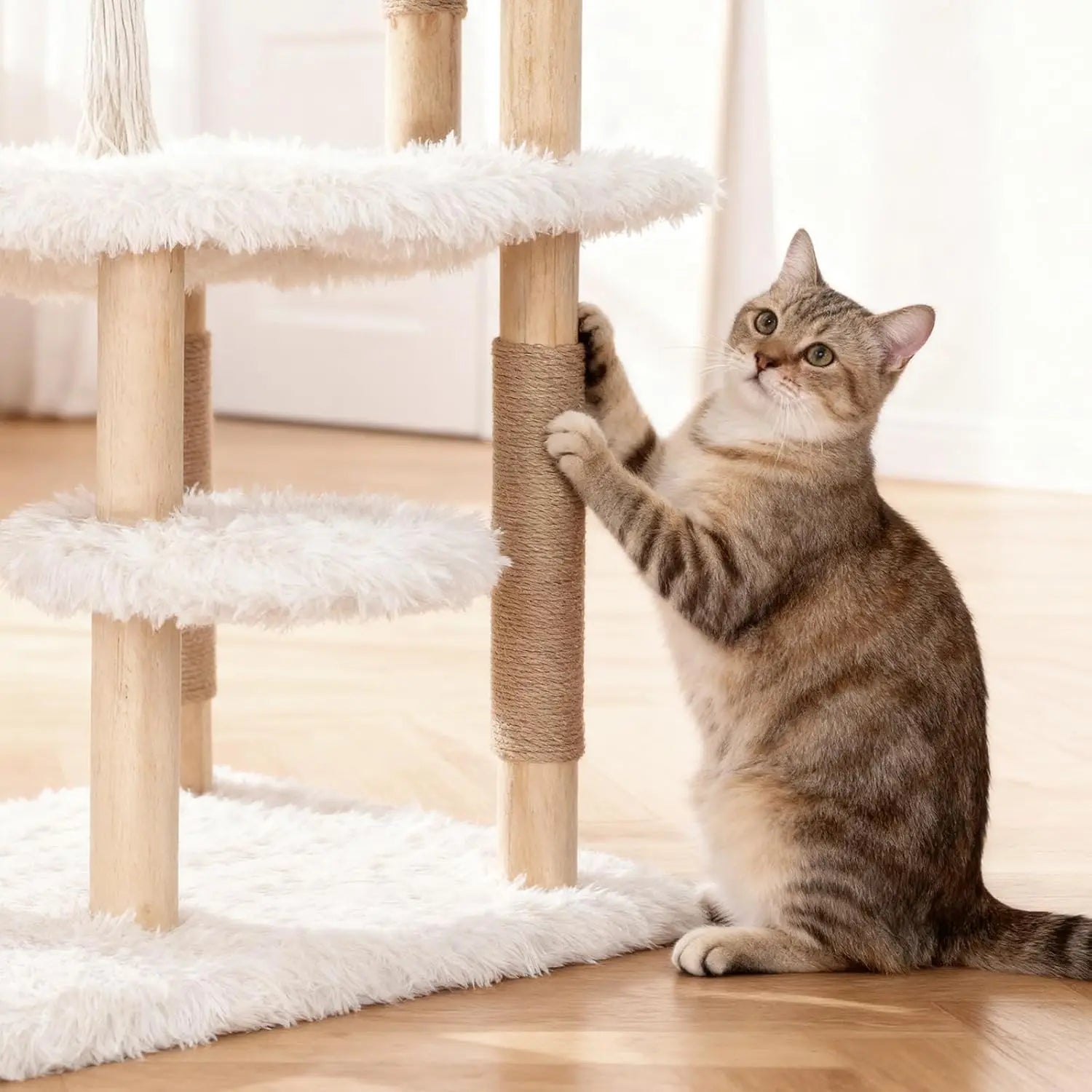 Modern Multi-Level Cat Tree Tower for Indoor Cats, 70" Tall Natural Solid Wooden Cat Tower with Sisal Scratching, Customized
