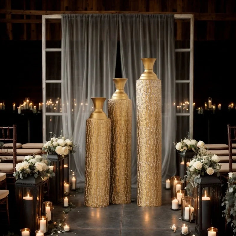 High Distress Gold Metal Decorative Vases 3-Piece Vine Patterned Home Decor Living Room Centerpieces 34\" 29\" 25\" Set USA