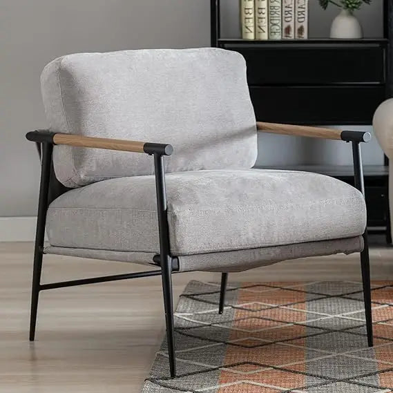 Mid-Century Modern Accent Chair Armchair, Soft Linen Fabric Sofa Lounge Chair Reading Chair with Metal Leg for Living Roo
