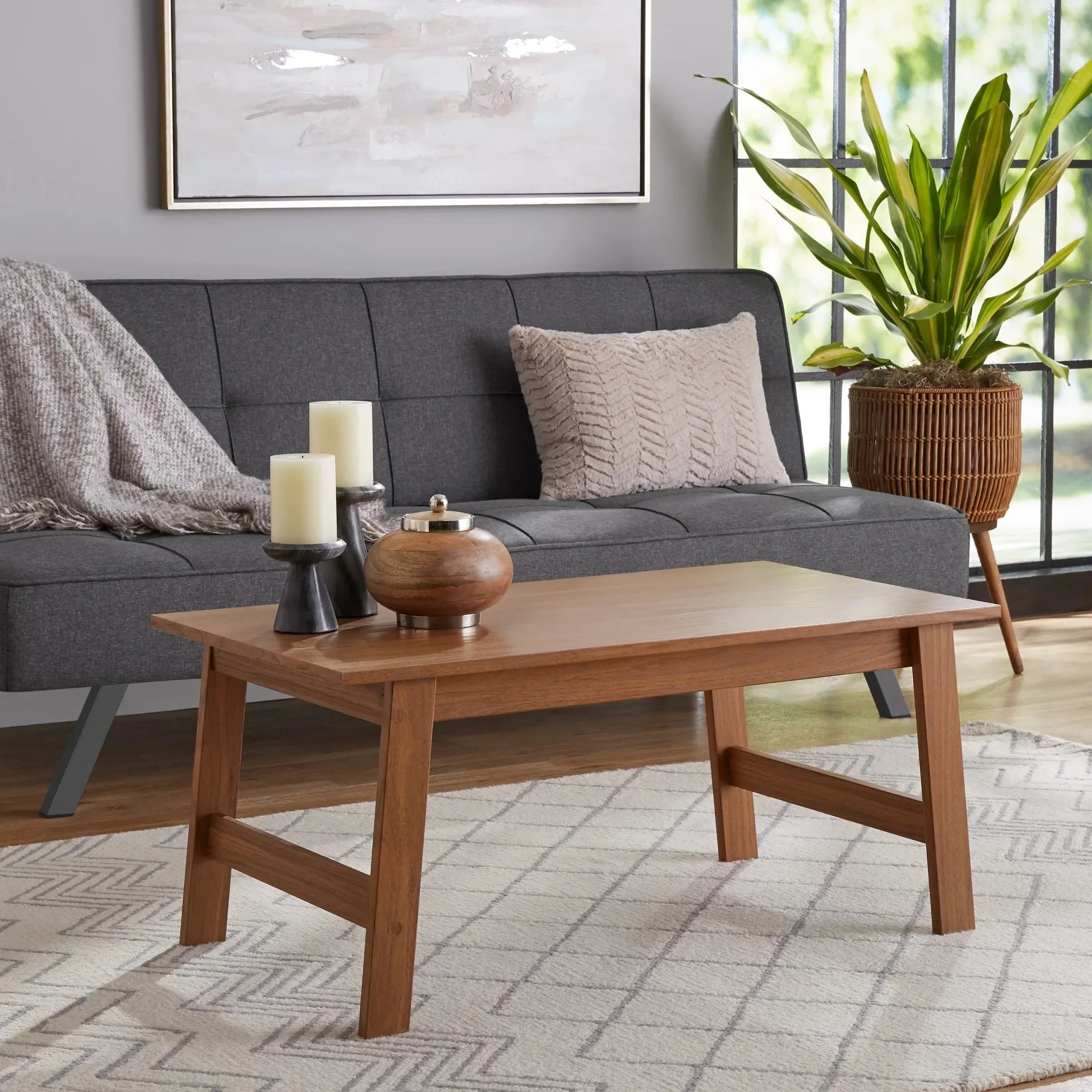 Walnut Rectangle Wood Coffee Table, Modern Sofa Table for Living Room, Farmhouse & Apartment Decor, Sturdy & Versatile